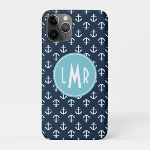 Case-Mate iPhone Case Bleu marine et motif d'Ancres de monogramme d'Aqua