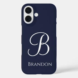 Coques iPhone 16 Bleu Marine Nom et Monogramme Personnalisés