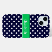 Coques Case-Mate iPhone Bleu marine pois émeraude vert Nom Monogramme (Verso (horizontal))