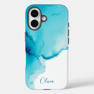 Coques iPhone 16 Bleu Nuit Élégant Aquarelle Aqua