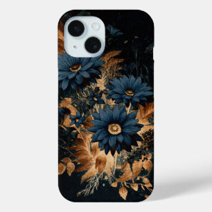 Coque Pour iPhone 15 Bleu Nuit Foncé & Or Floral Rustique Glam Bohème