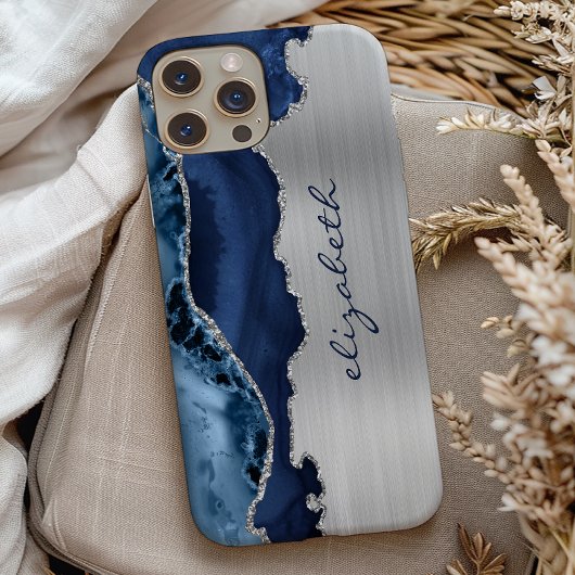 Coques Case-Mate iPhone Bleu Nuit Moderne Argenté Agate Métallisé