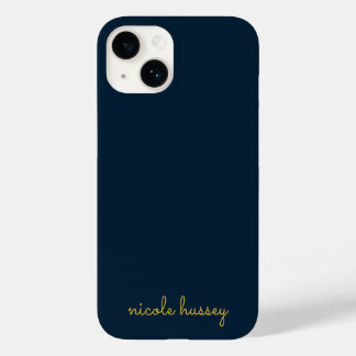 Coque Pour iPhone 14 Bleu Nuit Or Script  | Monogramme Moderne Élégant