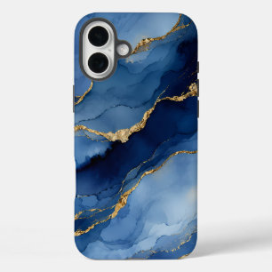 Coques iPhone 16 Plus Bleu Nuit Profond et Or Texture d'Agate à l'Encre
