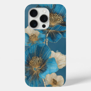 Coque iPhone 15 Pro Bleu Or Ligne artistique Poppy Botanique Floral