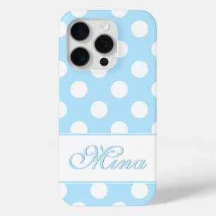 Coque iPhone 15 Pro Bleu Pastel, Grand Pois, Nom Personnalisé