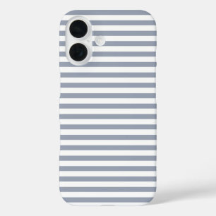 Coques iPhone 16 Bleu Poussiéreux & Blanc Rayures Horizontales Mign