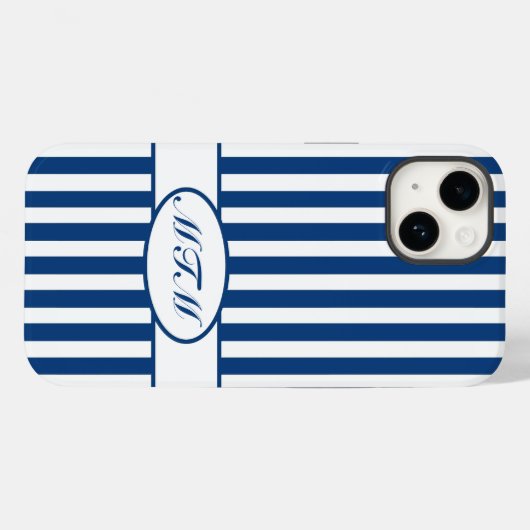 Coques Case-Mate iPhone Bleu rayures automnales avec monogramme (Verso (horizontal))