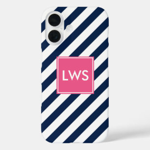 Coques iPhone 16 Bleu rose diagonale rayures Monogramme