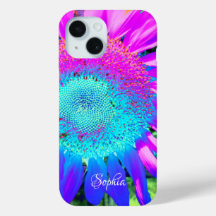 Coque Pour iPhone 15 Bleu rose rétro tournesol funky photo