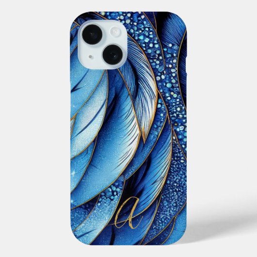 Coques Case-Mate iPhone Bleu Saphir Vibrant Or Plumes Monogrammées (Verso)