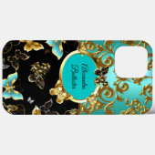 Coques Case-Mate iPhone Bleu sarcelle élégant damas floral papillon or (Verso (horizontal))