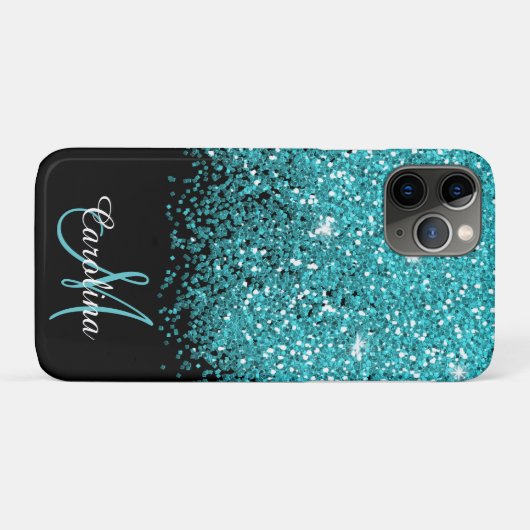 Coques Case-Mate iPhone Bleu, Turquoise, Parties scintillant, Nom et Monog (Dos (Horizontal))