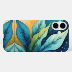 Coques iPhone 16 Plus Bleu Vert Feuille Golden Sun et étoiles