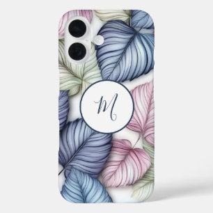 Coques iPhone 16 Bleu Vert Tropical Feuille Motif Monogramme
