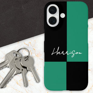 Coques iPhone 16 Bloc de couleur élégant vert noir personnalisé