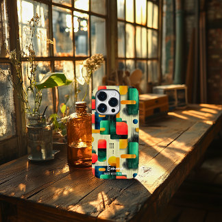 Coque Pour iPhone 14 Pro Blocs Abstraits Modernes avec Nom Personnalisé