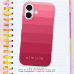 Coques iPhone 16 Blocs couleur Magenta rose Nom monochromatique<br><div class="desc">Chic, monochromatique simple blocs de couleur ou rayures dans les tons magenta à rose ombre et personnalisées avec un nom, monogramme ou votre texte personnalisé dans votre choix de styles de police. OPTIONS : L'exemple est présenté dans le modèle iPhone 14 et dans le style coque Barely There, les autres...</div>