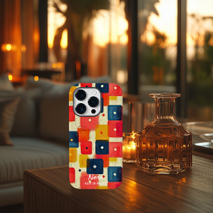 Coque Pour iPhone 14 Pro Blocs géométriques rétro avec nom et message perso