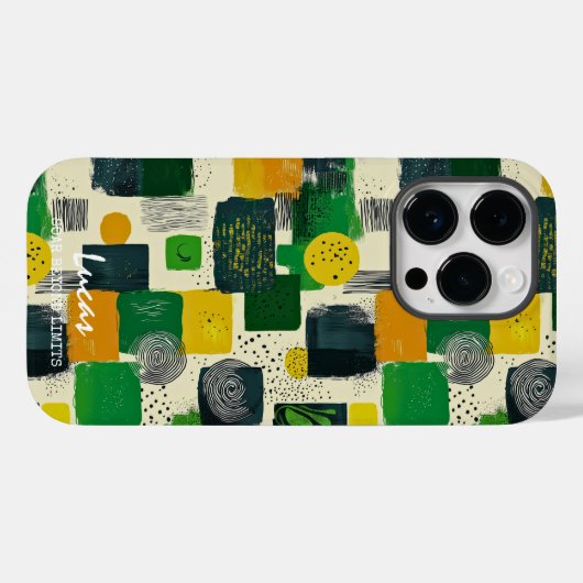 Coques Case-Mate iPhone Blocs verts et jaunes Abstraits avec nom personnal (Verso (horizontal))