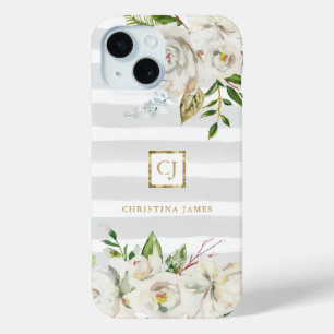 Coque Pour iPhone 15 Blooms dorés Gris rayures Florales Monogramme