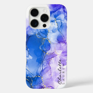 Coques iPhone 16 Pro Blue Amethyst Gold Alcohol Encre personnalisable