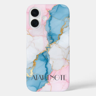 Coques iPhone 16 Blue and Pink Marble with Gold Veins