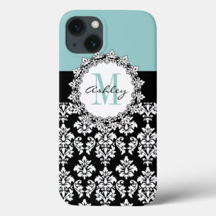 Etui iPhone 13 Blue Black Fleur de Lis Damask Monogram