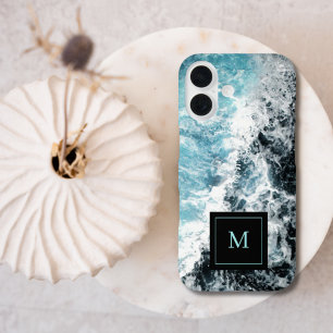 Coques iPhone 16 Blue Black Ocean Waves Hawaii Monogramme