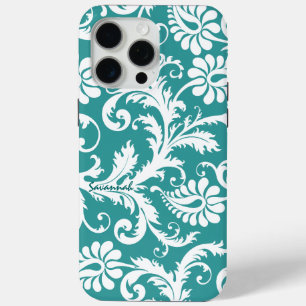 Coque iPhone 15 Pro Max Blue Elegant Vintage Damask change Bleu n'importe 