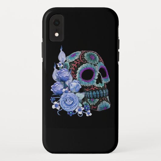Coques Case-Mate iPhone Blue Floral Black Sugar Skull Jour des morts (Dos)