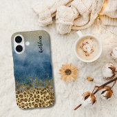 Coques Case-Mate iPhone Blue Gold Glitter Leopard Print Monogram Name