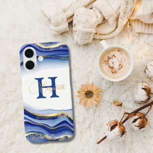 Coques iPhone 16 Blue Gold Ink Monogramme Nom initial