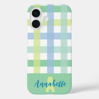 Coques iPhone 16 Blue Green Lime Pastel En vichy Motif Monogramme