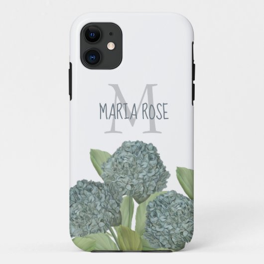 Coques Case-Mate iPhone Blue Hydrangea Custom Floral Monogramme Chic (Dos)