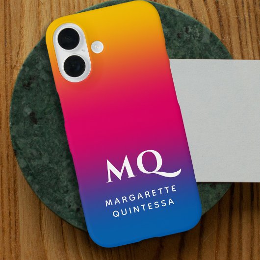 Coques Case-Mate iPhone Blue Pink Yellow Gradient White Monogram Initials