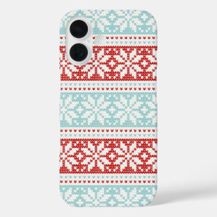 Coques iPhone 16 Blue Red Snowflakes Knit Motif de Noël