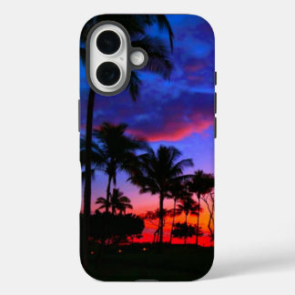 Coques iPhone 16 Blue Red Sunset Exotic Hawaiian Beach Palm Trees