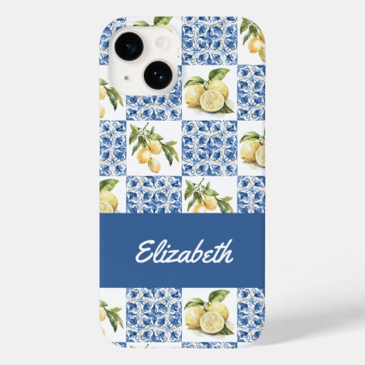 Coques Case-Mate iPhone Blue Tile French Country Lemon Pattern Name (Verso)
