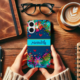 Coques iPhone 16 Blue Trendy Floral Fun Inspirivity Nom