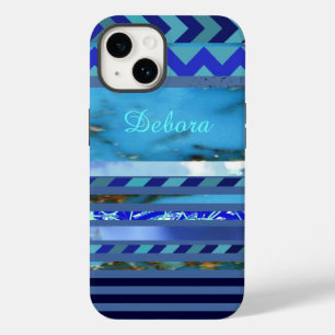 Coque Pour iPhone 14 Blue Turquoise Stripes Motif Nom personnalisé