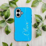 Coque Pour iPhone 14 Blue White Elegant Calligraphie Nom du script<br><div class="desc">Blue White Elegant Calligraphy Script Personnalisé Nom iPhone 14 Smart Phone Boîtes dispose d'un design moderne et tendance simple et élégant avec votre nom personnalisé dans élégante calligraphie manuscrite typographie de script sur un arrière - plan bleu. Conçu par ©Evco Studio www.zazzle.com/store/evcostudio</div>