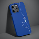 Coque Pour iPhone 14 Blue White Elegant Calligraphie Nom du script<br><div class="desc">Blue White Elegant Calligraphy Script Personnalisé Nom iPhone 14 Smart Phone Boîtes dispose d'un design moderne et tendance simple et élégant avec votre nom personnalisé dans élégante calligraphie manuscrite typographie de script sur un arrière - plan bleu. Conçu par ©Evco Studio www.zazzle.com/store/evcostudio</div>