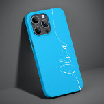 Coque Pour iPhone 14 Blue White Elegant Calligraphie Nom du script<br><div class="desc">Blue White Elegant Calligraphy Script Personnalisé Nom iPhone 14 Smart Phone Boîtes dispose d'un design moderne et tendance simple et élégant avec votre nom personnalisé dans élégante calligraphie manuscrite typographie de script sur un arrière - plan bleu. Conçu par ©Evco Studio www.zazzle.com/store/evcostudio</div>