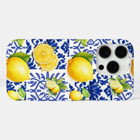 Coques Case-Mate iPhone Blue White Lemon Tile Pattern Mediterranean Citrus (Verso (horizontal))