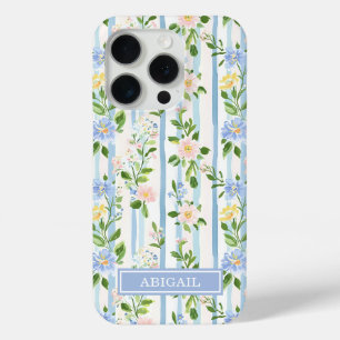 Coque iPhone 15 Pro Blush Blue Floral Aquarelle Rayé Personnalisé