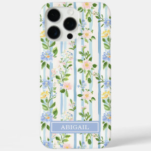Coques iPhone 16 Pro Max Blush Blue Floral Aquarelle Rayures Personnalisé
