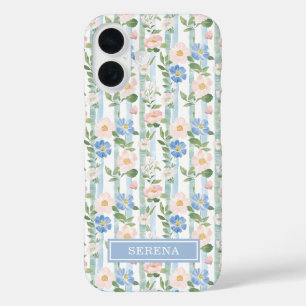 Coques iPhone 16 Blush Fleurs Aquarelle Rayures Personnalisées