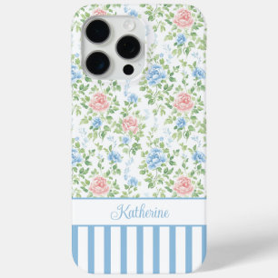 Coque iPhone 15 Pro Max Blush Monogramme Floral Aquarelle Bleu 