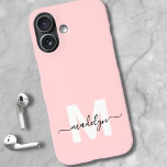 Coques iPhone 16 Blush Pink Elegant Minimal Name Monogram<br><div class="desc">Personalized Blush Pink Initial Monogram Phone Case. Add a touch of elegance and femininity to your phone with this stylish personalized phone case. Featuring a soft blush pink background, a crisp white initial letter, and a sleek black script name, this design brings a luxurious, modern look to your everyday accessories....</div>